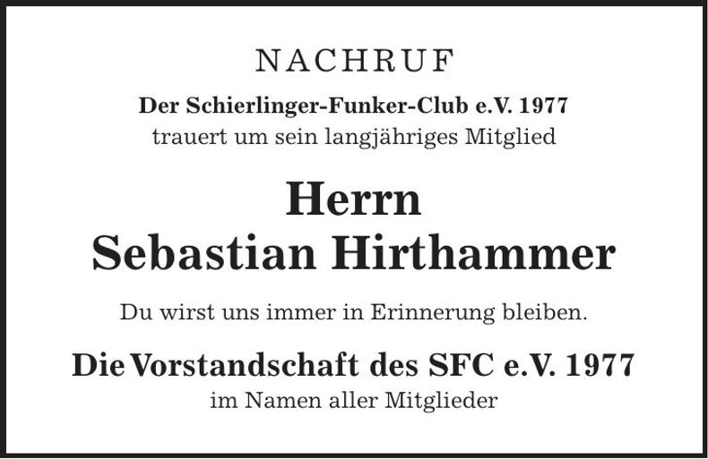 Traueranzeige Sebastian Hirthammer