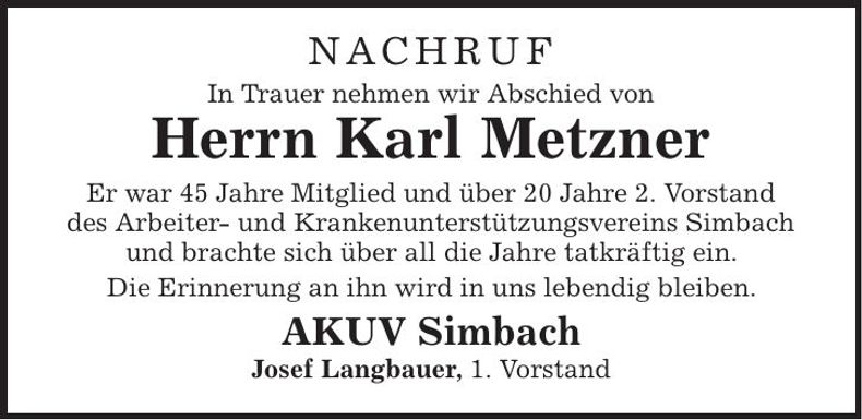 Traueranzeige Karl Metzner