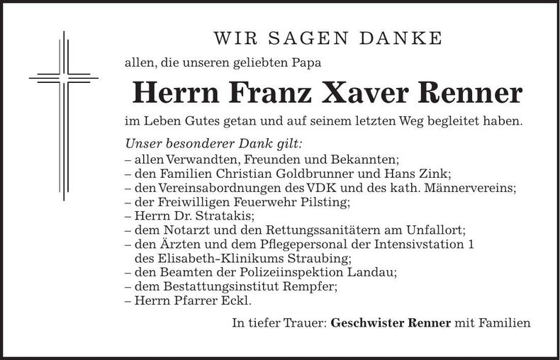 Traueranzeige Franz-Xaver Renner
