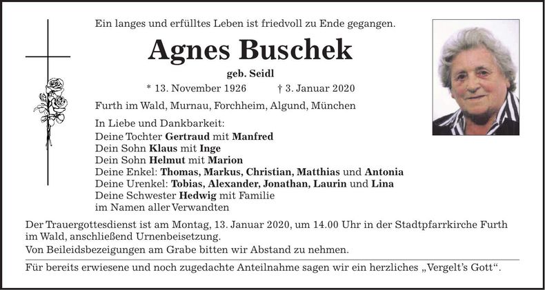 Traueranzeige Agnes Buschek