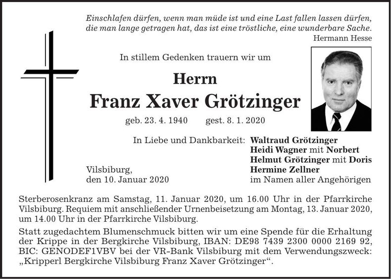 Traueranzeige Franz Xaver Grötzinger