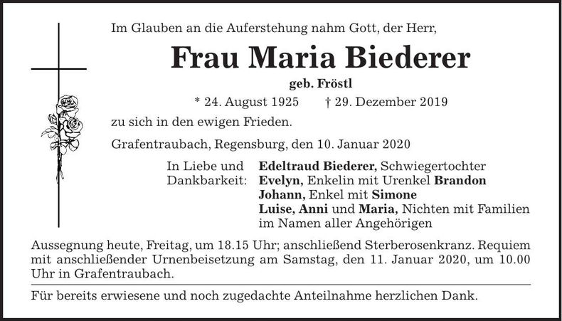 Traueranzeige Maria Biederer
