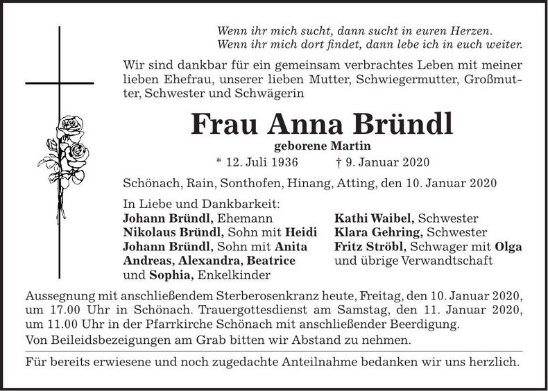 Traueranzeige Anna Bründl