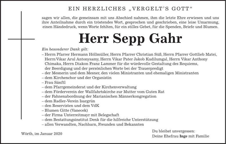 Traueranzeige Sepp Gahr