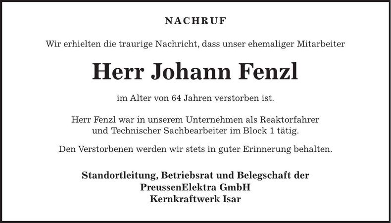 Traueranzeige Johann Frenzl