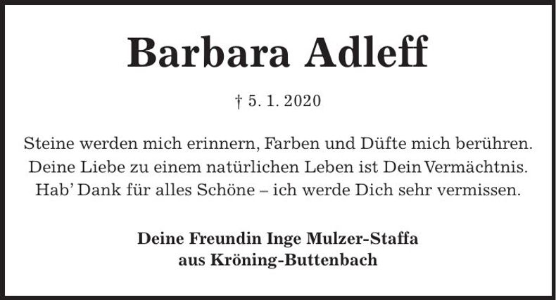 Traueranzeige Barbara Adleff