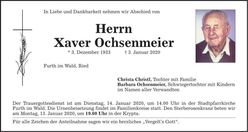 Traueranzeige Xaver Ochsenmeier