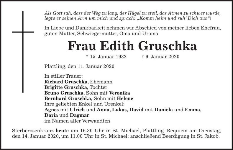Traueranzeige Edith Gruschka