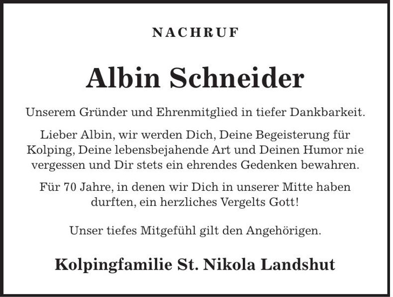 Traueranzeige Albin Schneider