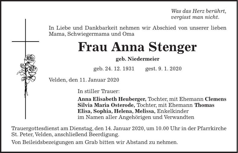 Traueranzeige Anna Stenger