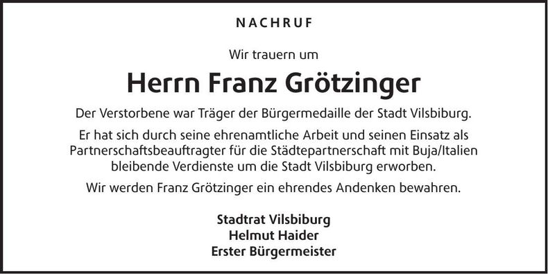 Traueranzeige Franz Grötzinger