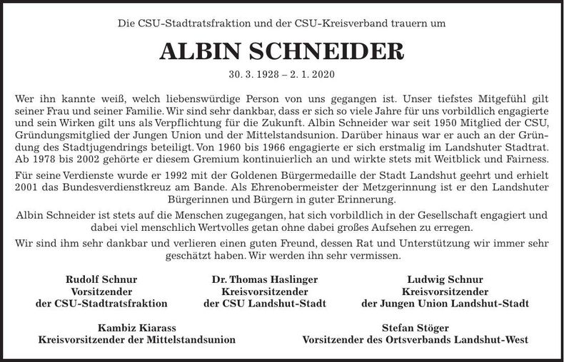 Traueranzeige Albin Schneider