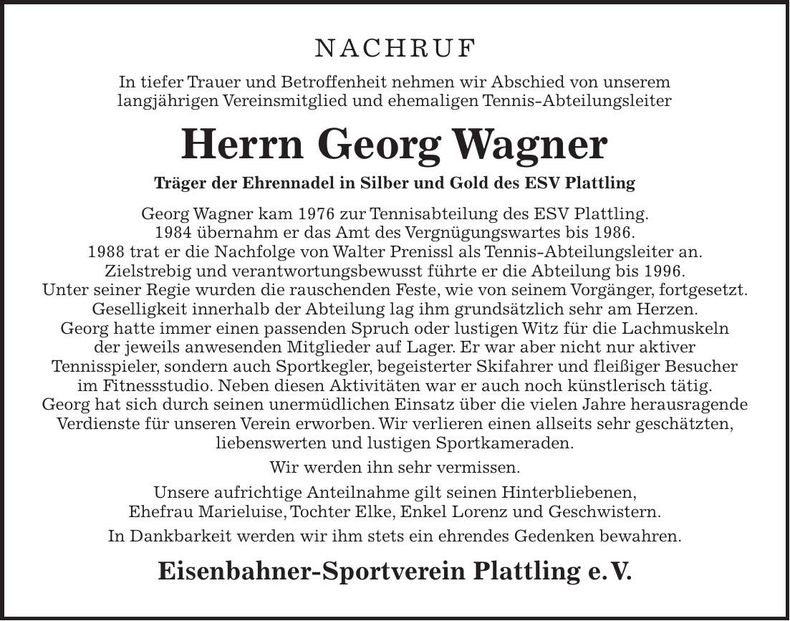 Traueranzeige Georg Wagner