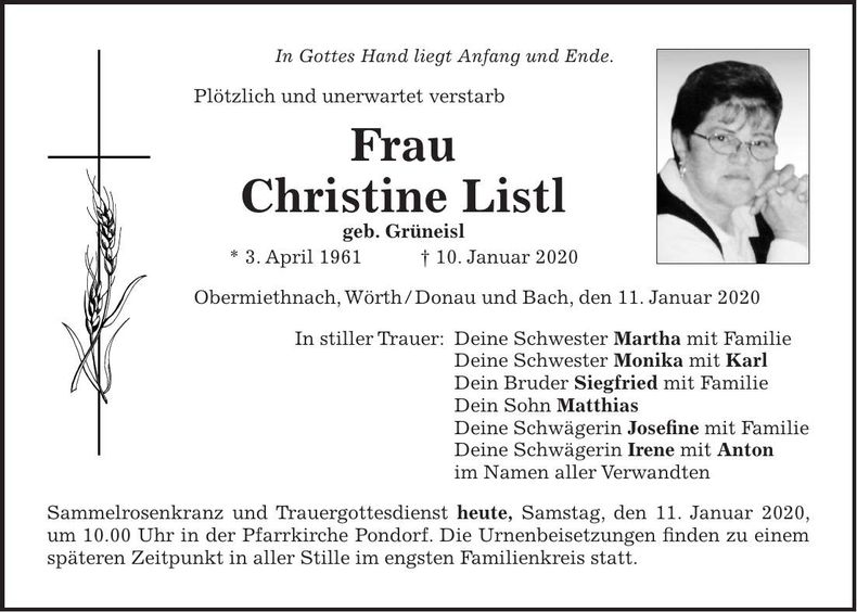 Traueranzeige Christine Listl