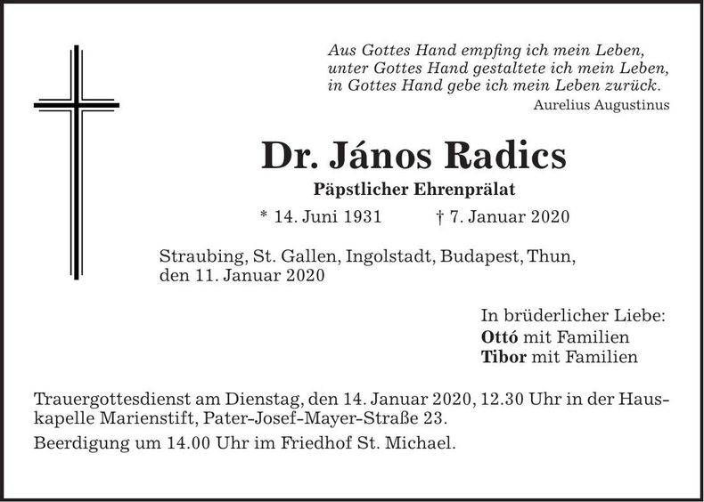 Traueranzeige Janos Radics