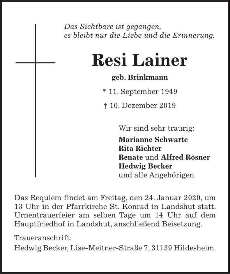 Traueranzeige Resi Lainer