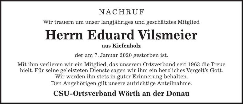 Traueranzeige Eduard Vilsmeier