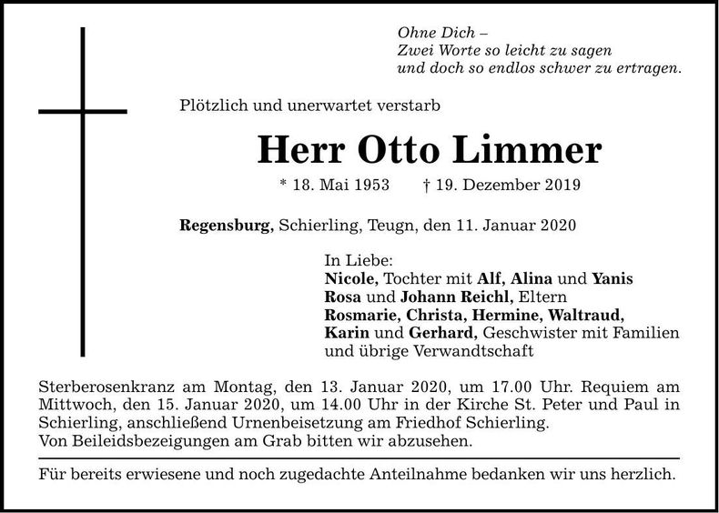 Traueranzeige Otto Limmer