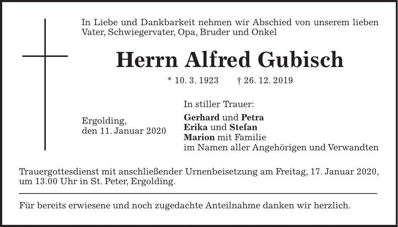 Traueranzeige Alfred Gubisch