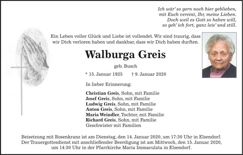 Traueranzeige Walburga Greis