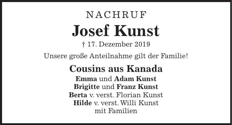 Traueranzeige Josef Kunst