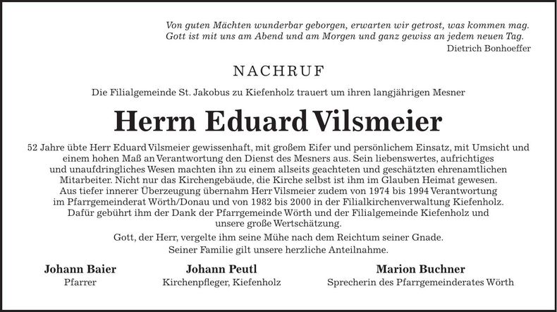 Traueranzeige Eduard Vilsmeier