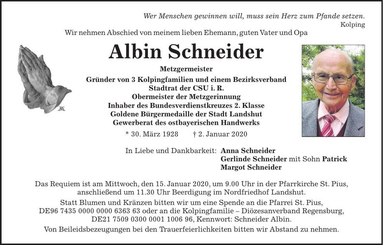 Traueranzeige Albin Schneider