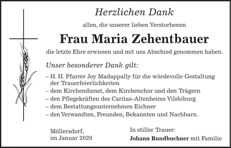 Traueranzeige Maria Zehentbauer