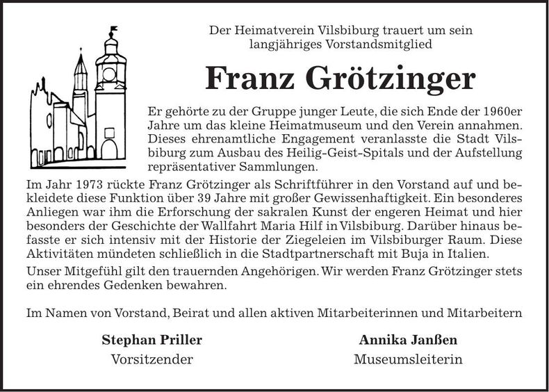 Traueranzeige Franz Grötzinger