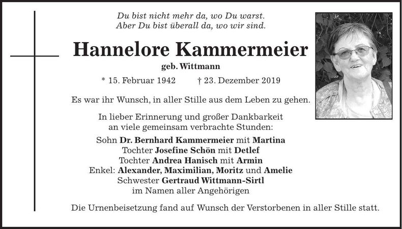 Traueranzeige Hannelore Kammermeier