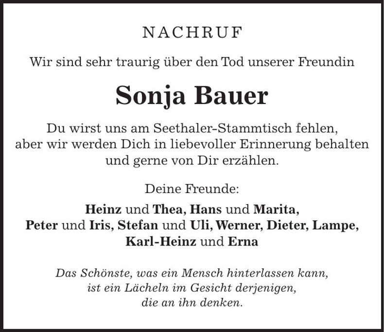 Traueranzeige Sonja Bauer