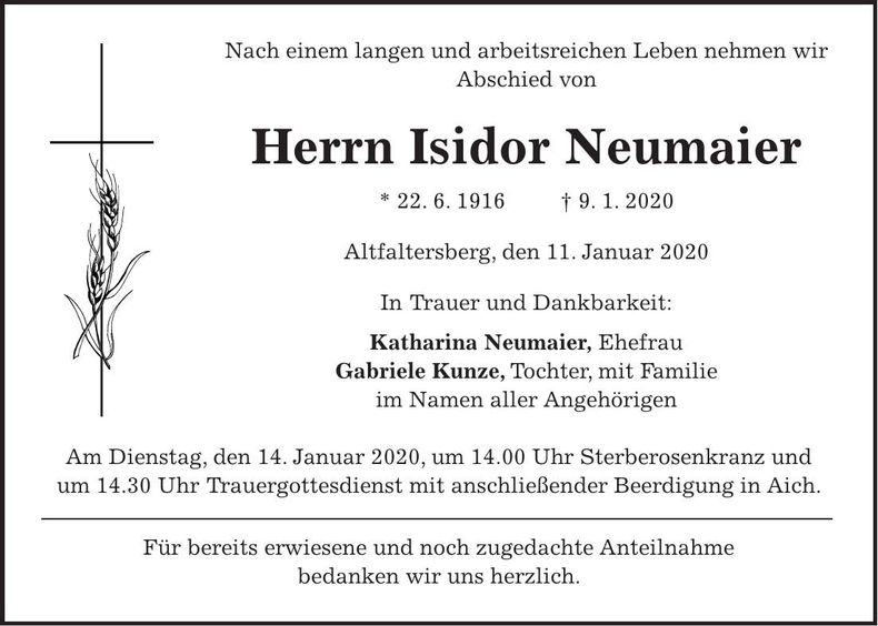 Traueranzeige Isidor Neumaier