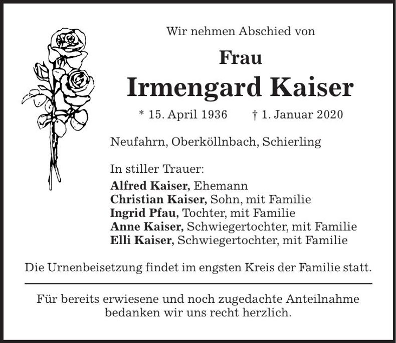 Traueranzeige Irmengard Kaiser