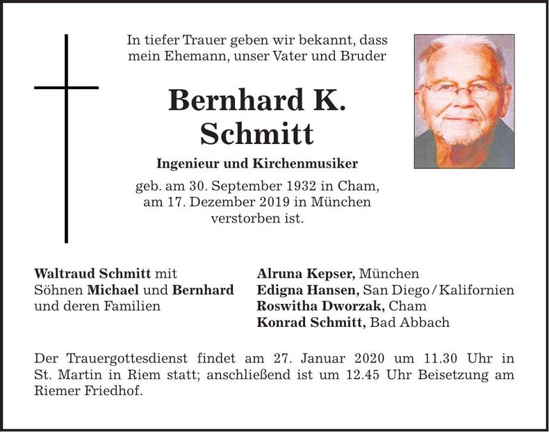 Traueranzeige Bernhard K. Schmitt