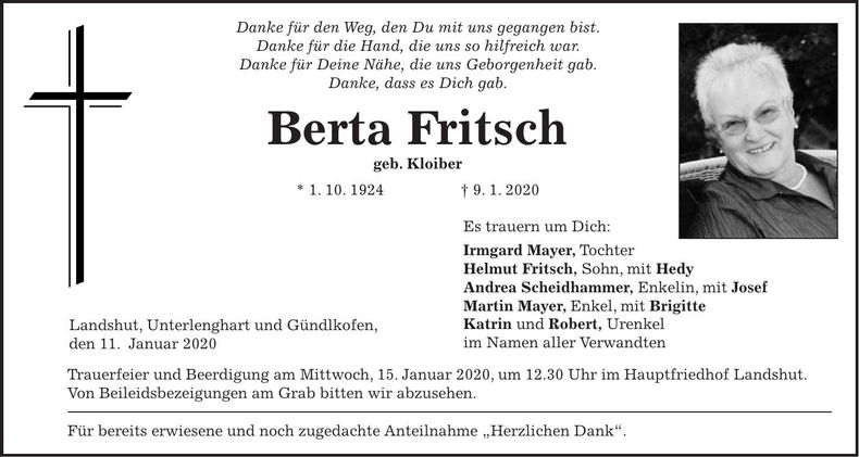 Traueranzeige Berta Fritsch
