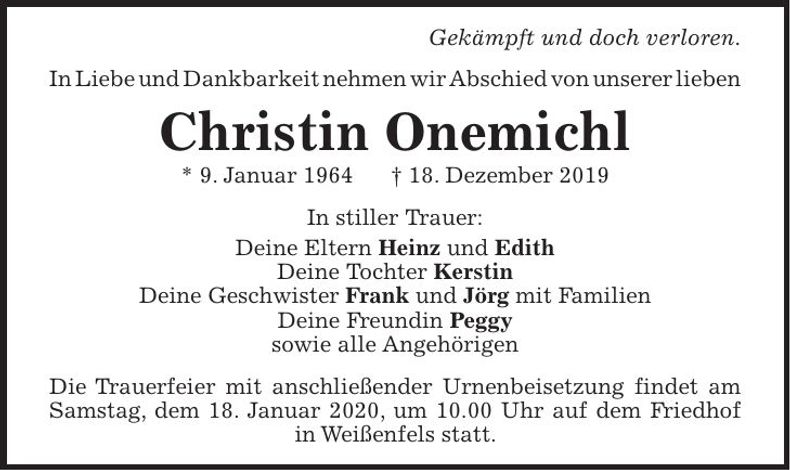 Traueranzeige Christin Onemichl
