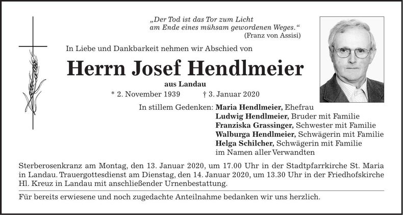 Traueranzeige Josef Hendlmeier