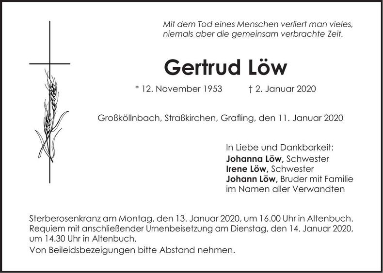 Traueranzeige Gertud Löw