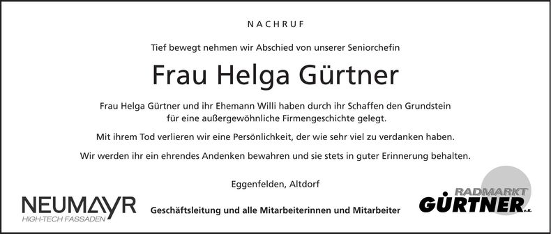 Traueranzeige Helga Gürtner
