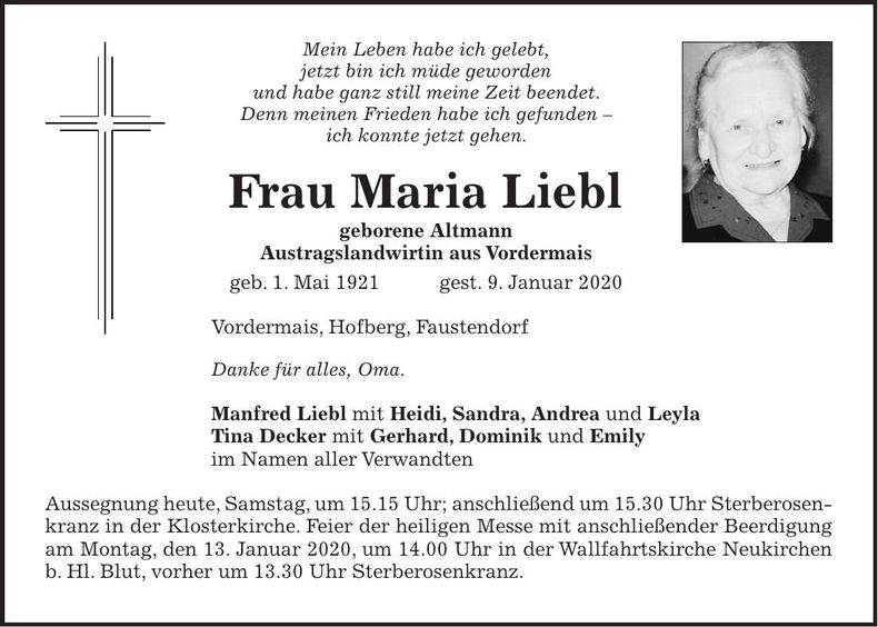 Traueranzeige Maria Liebl