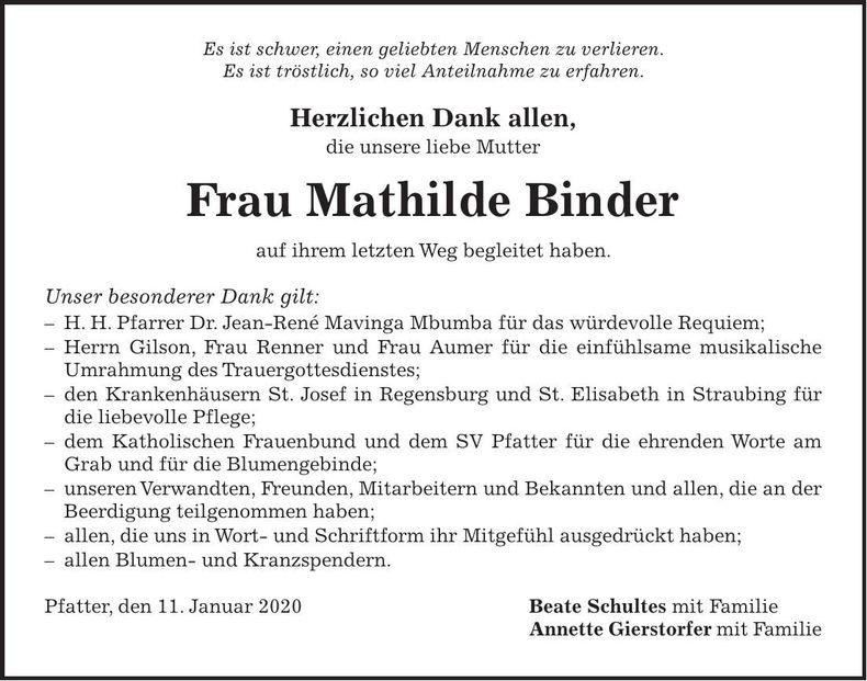 Traueranzeige Mathilde Binder