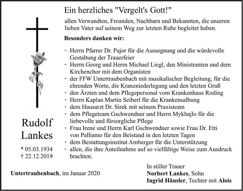 Traueranzeige Rudolf Lankes