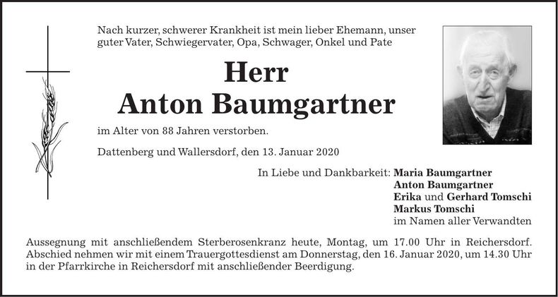 Traueranzeige Anton Baumgartner