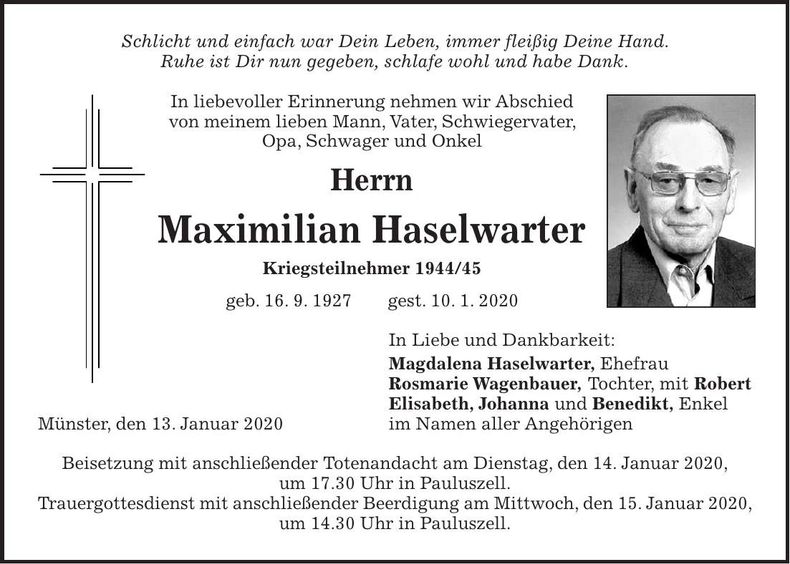 Traueranzeige Maximilian Haselwarter