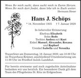 Traueranzeige Hans Schöps
