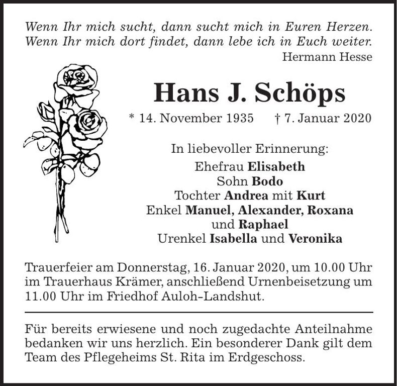 Traueranzeige Hans Schöps