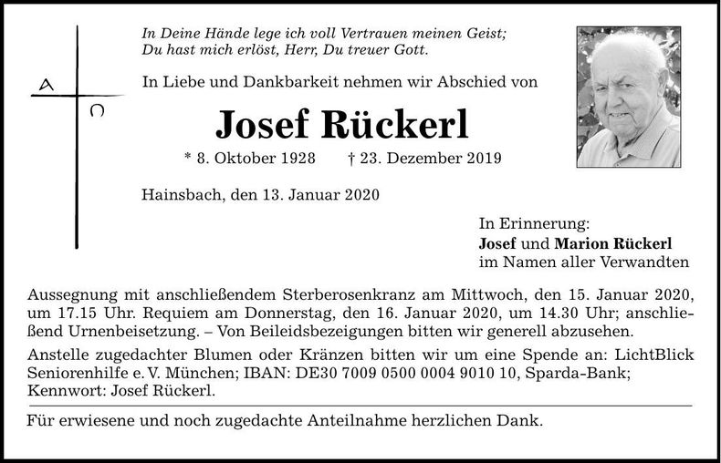 Traueranzeige Josef Rückerl