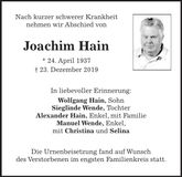 Traueranzeige Joachim Hain