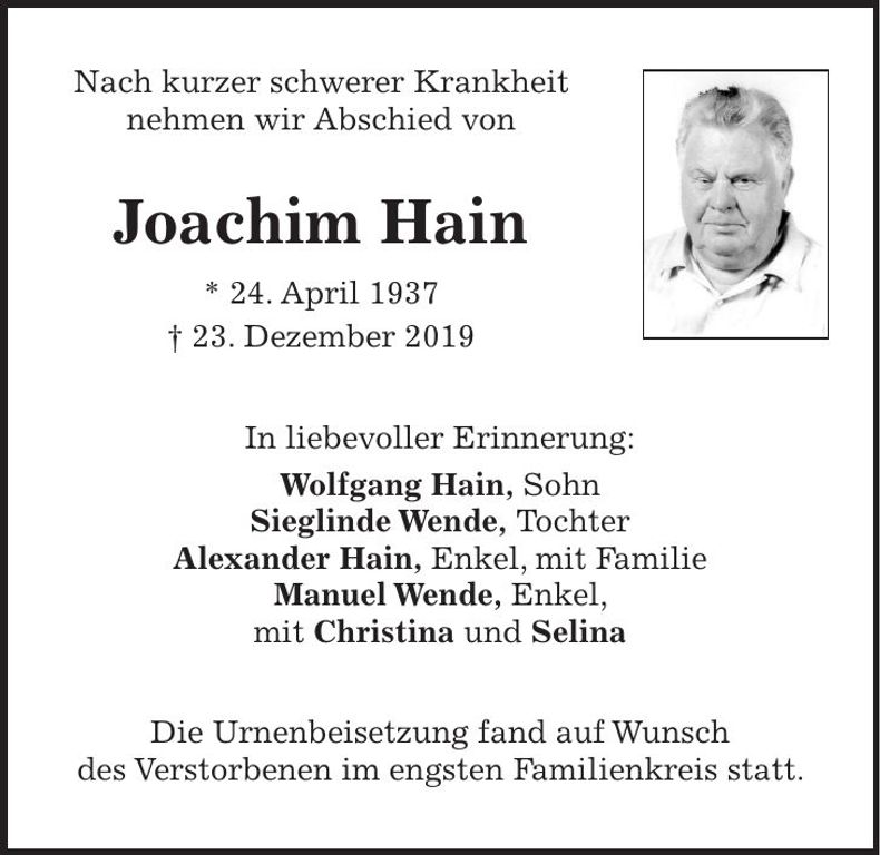 Traueranzeige Joachim Hain