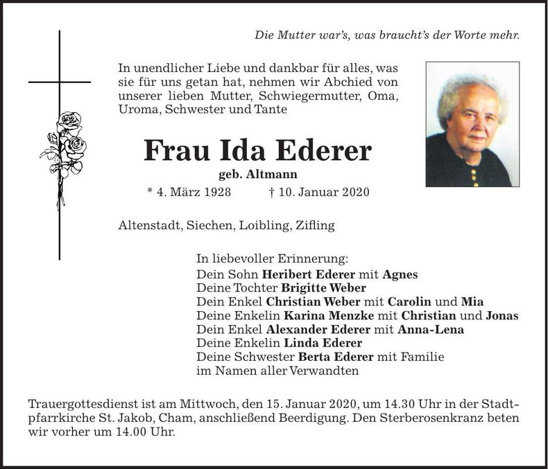 Traueranzeige Ida Ederer
